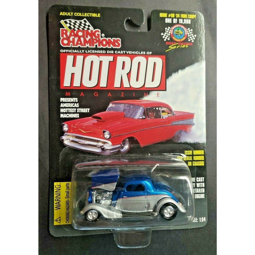 1997 Racing Champions Hot Rod Mag #69 '34 Ford Coupe Blue / Silver 1:54 HW1